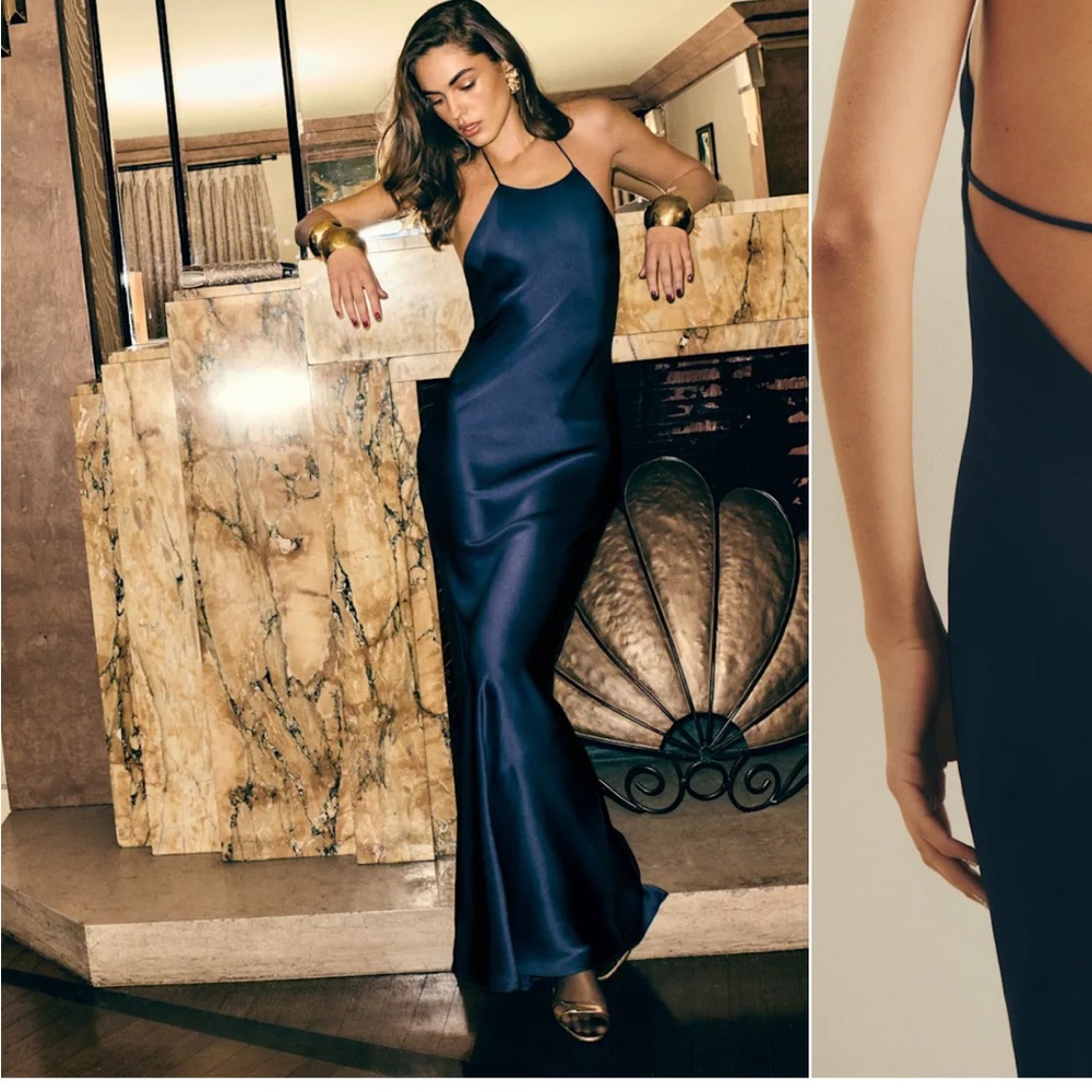 Reformation Navy Blue Satin Maxi Slip Dress
